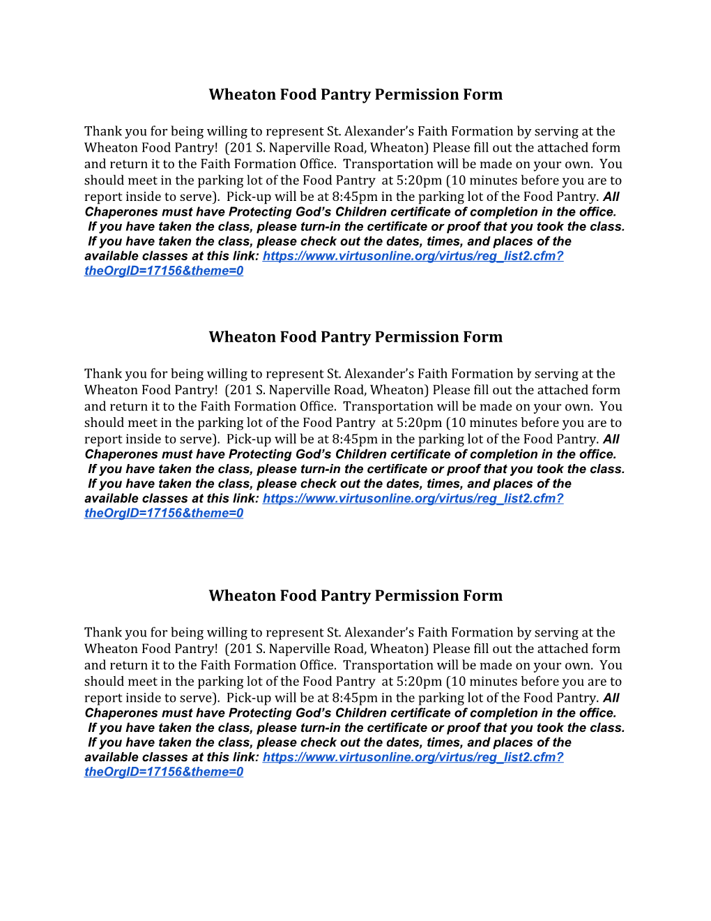 Wheaton Food Pantry Permission Form