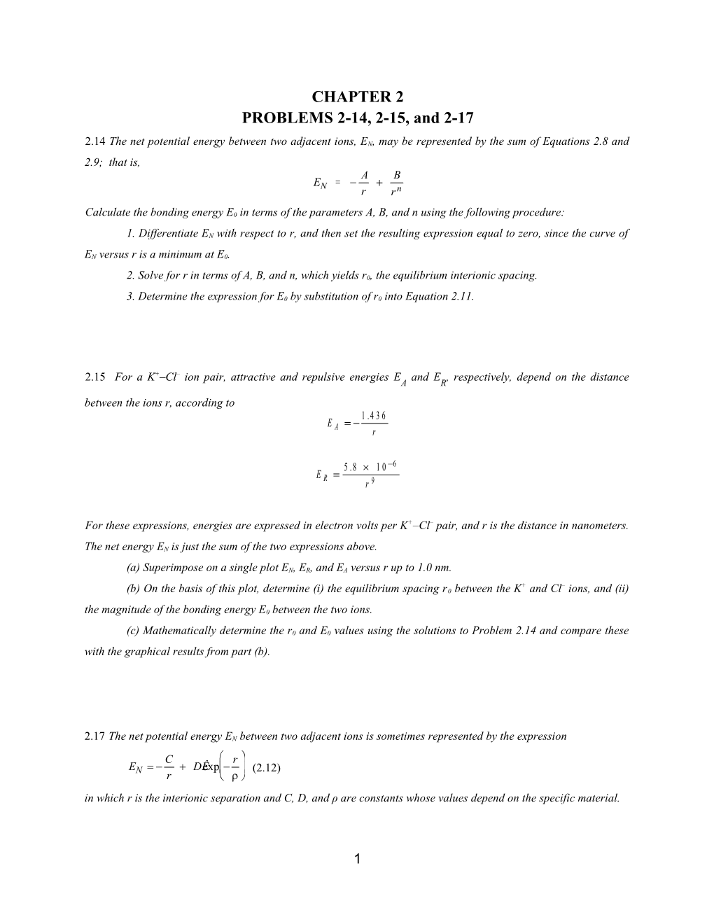 2. Solve for R in Terms of A, B, and N, Which Yields R0, the Equilibrium Interionic Spacing