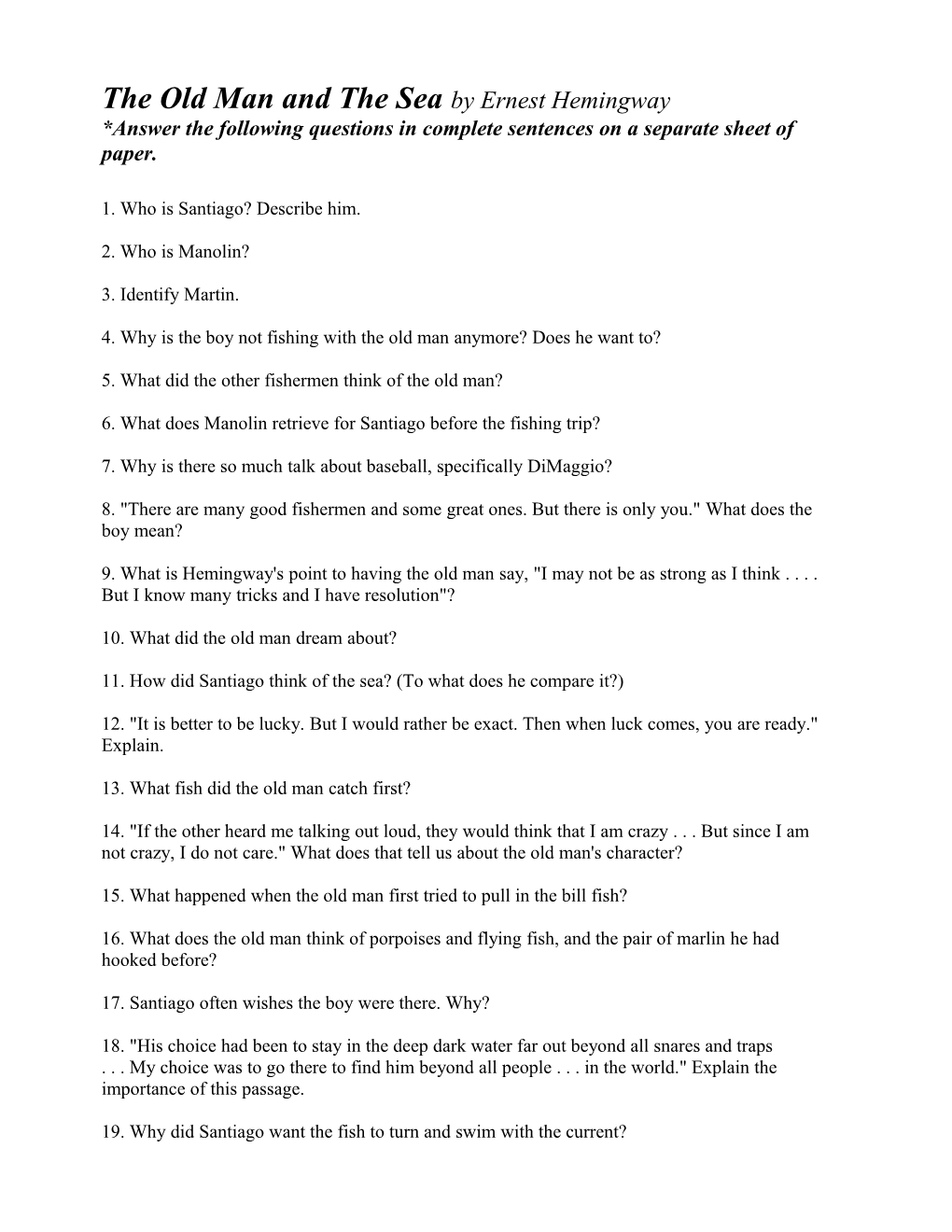 ANSWER KEY SHORT ANSWER STUDY GUIDE QUESTIONS - the Old Man and the Sea
