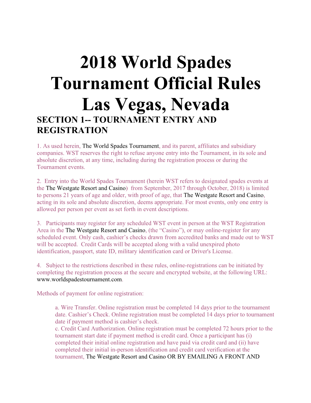 2018 World Spades Tournament Official Rules