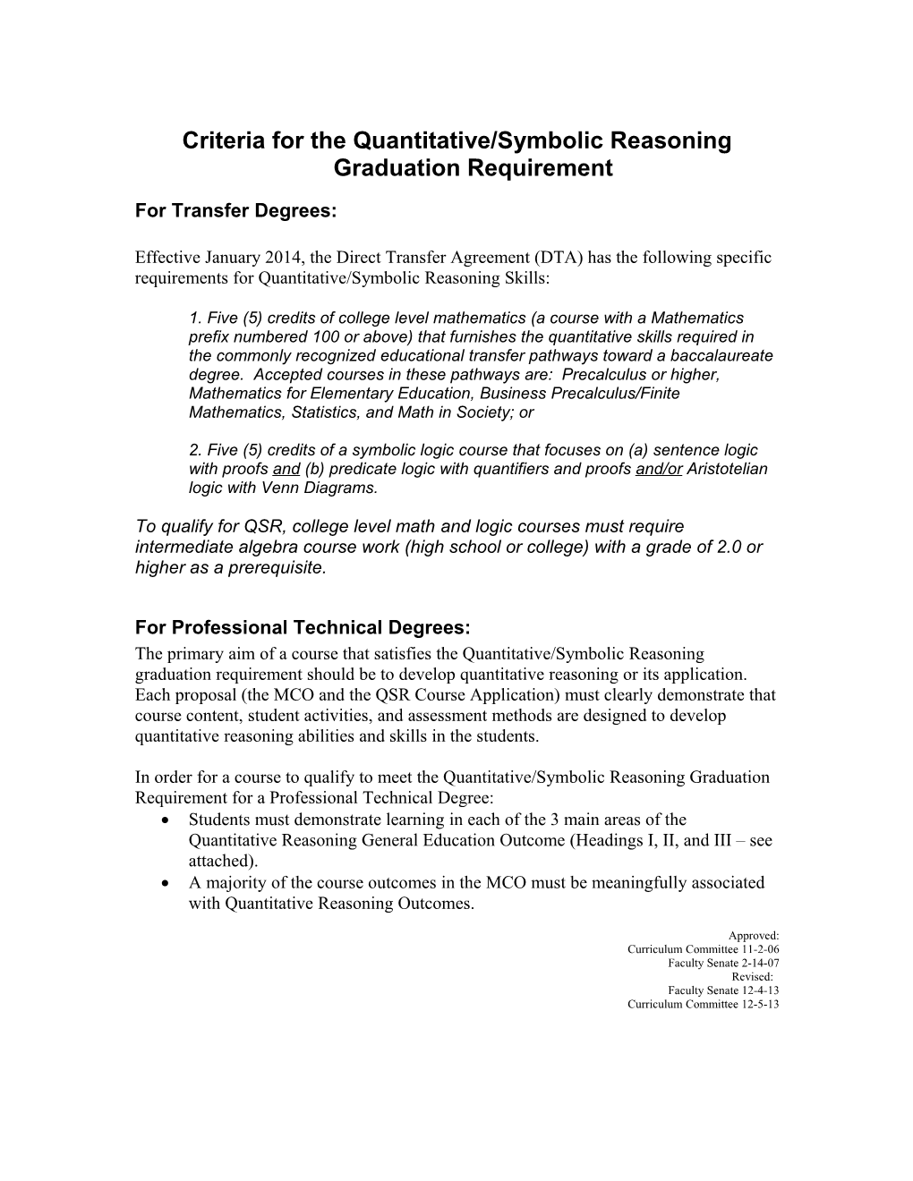 Draft Criteria for the Quantitative Reasoning Graduation Requirement