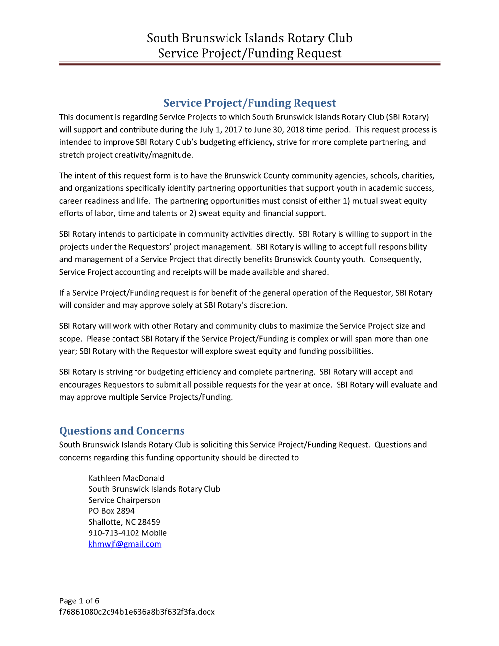 South Brunswick Islands Rotary Club Service Project/Funding Request