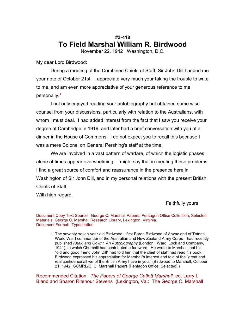 To Field Marshal William R. Birdwood
