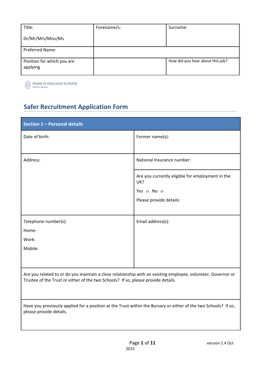 Education Team: Safer Recruitment Pack: Application Form V3.3 Nov-10