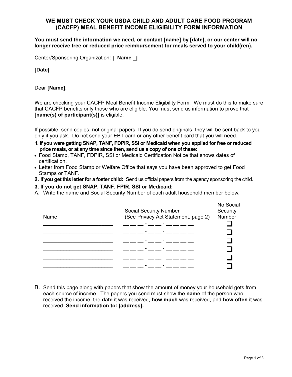 CACFP Meal Benefit Income Eligibility Form: Notification of Selection for Verification