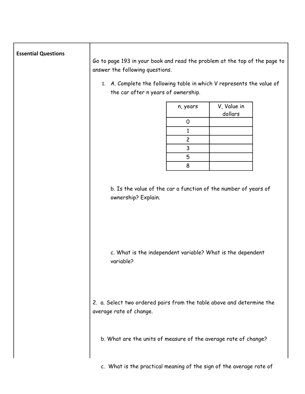 A. Complete the Following Table in Which V Represents the Value of the Car After N Years