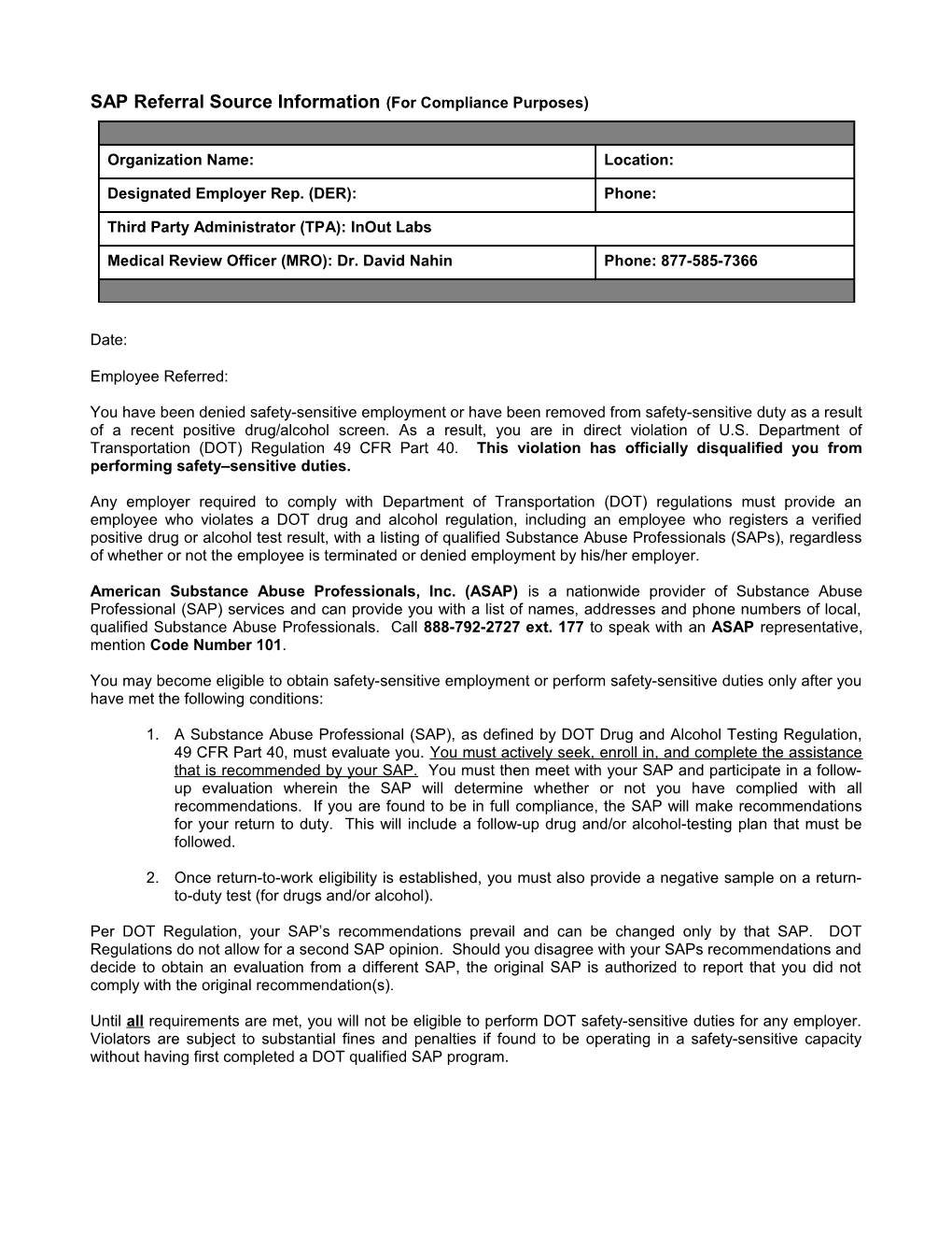 SAP Referral Source Information (For Compliance Purposes)