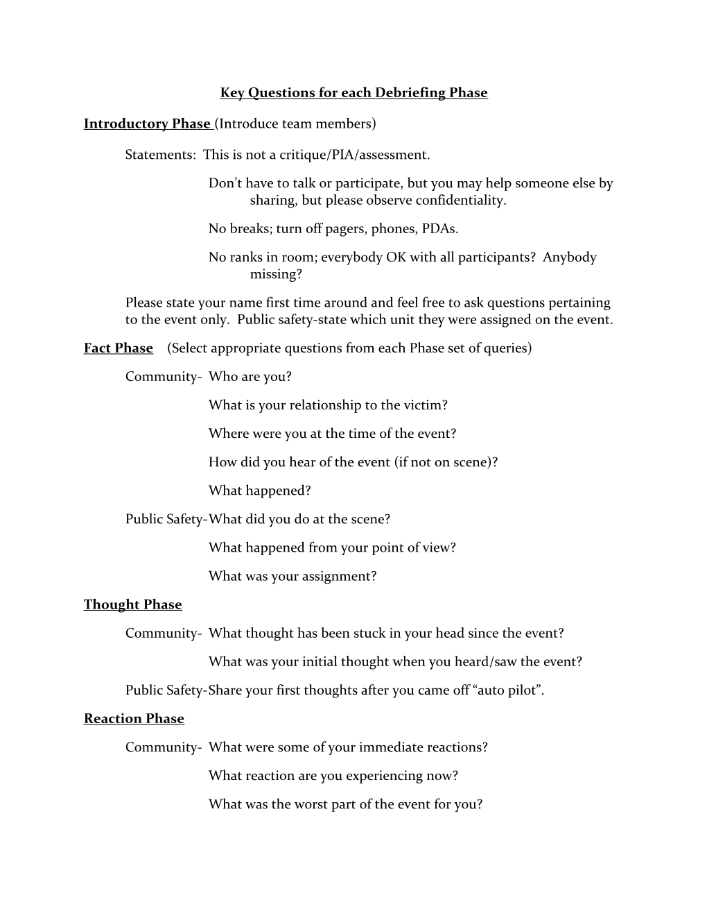 Key Questions for Each Debriefing Phase