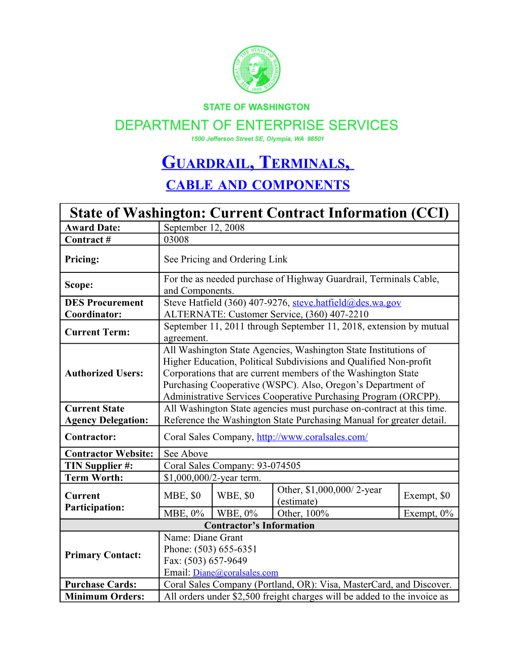 Contract No. 03008 Guardrail, Terminal, Cable and Components