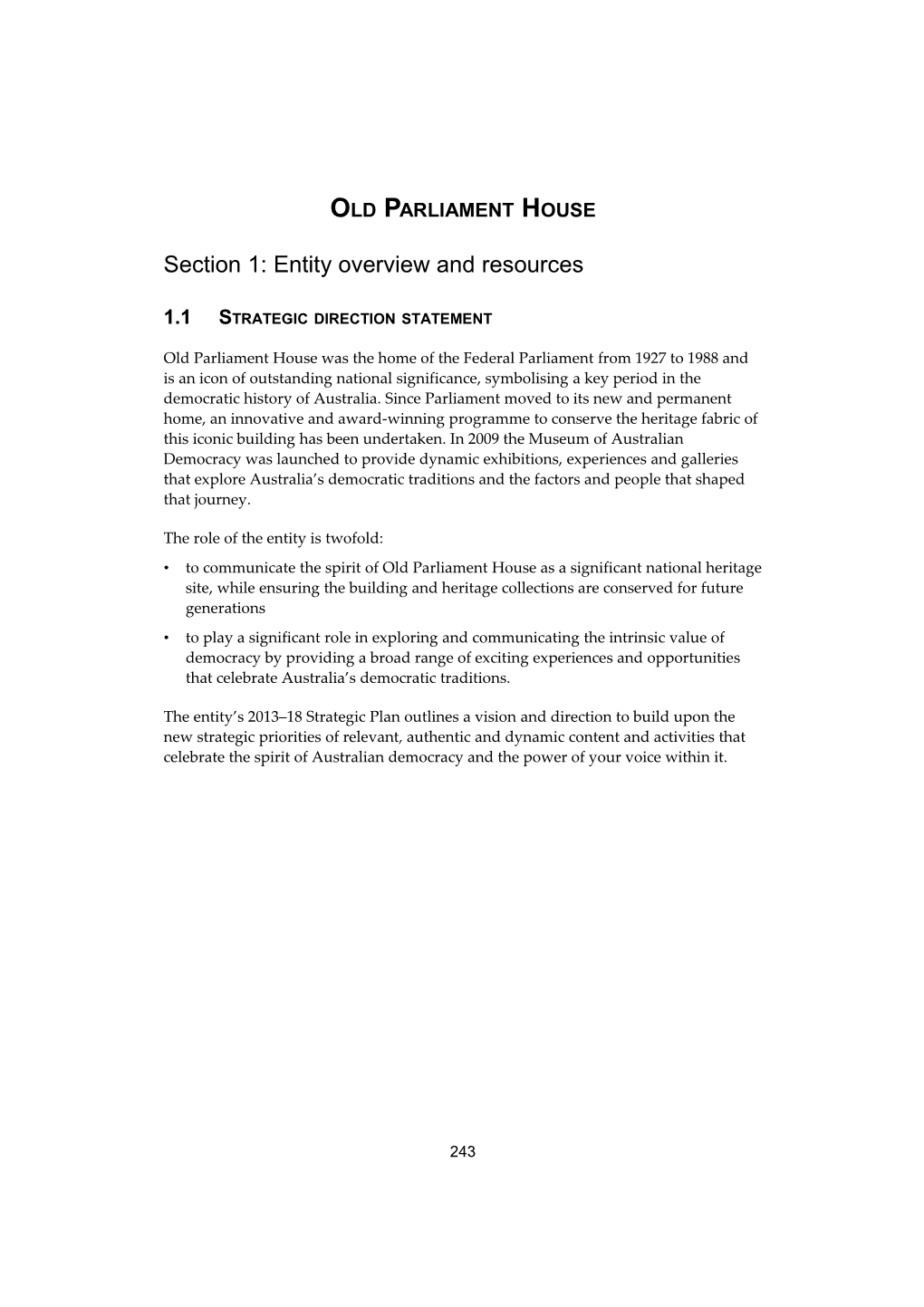 Portfolio Budget Statements - OLD PARLIAMENT HOUSE