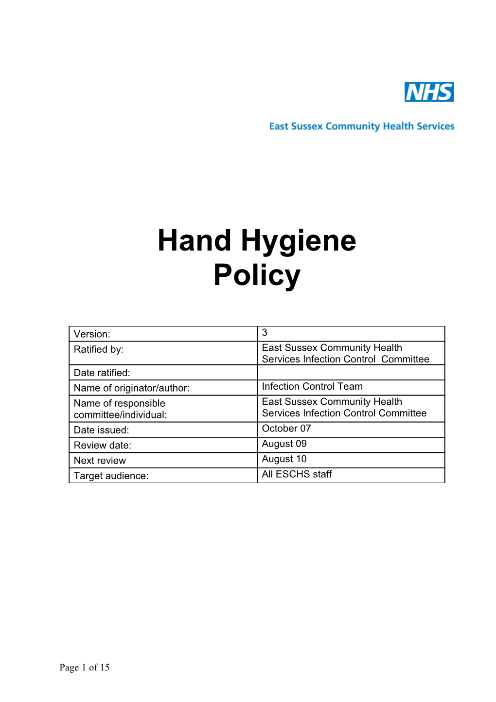 Hand Hygiene Policy