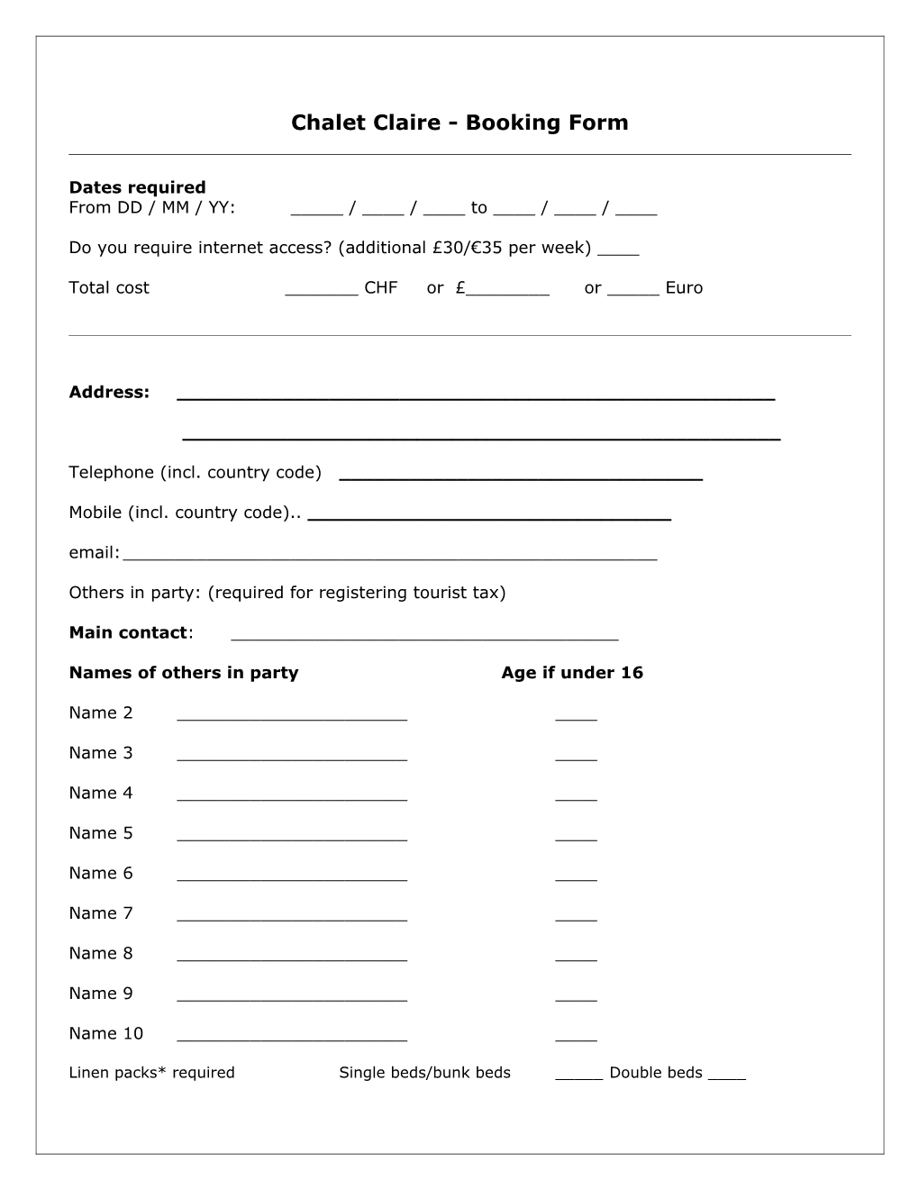 Chalet Claire - Booking Form