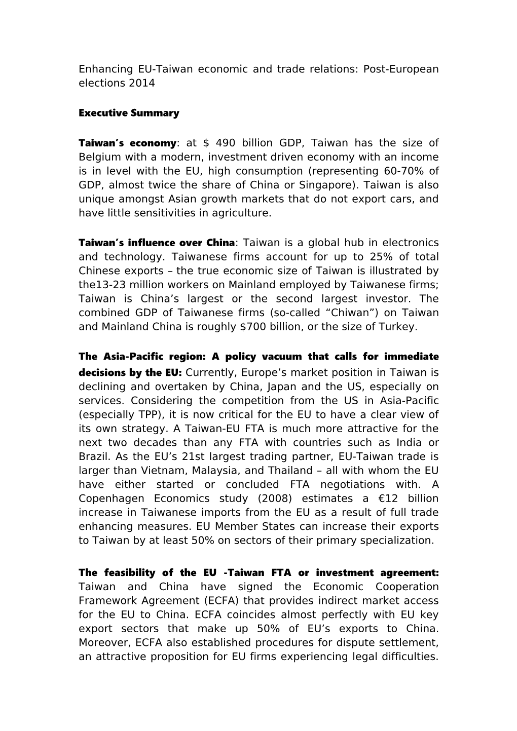 Enhancing EU-Taiwan Economic and Trade Relations: Post-European Elections 2014