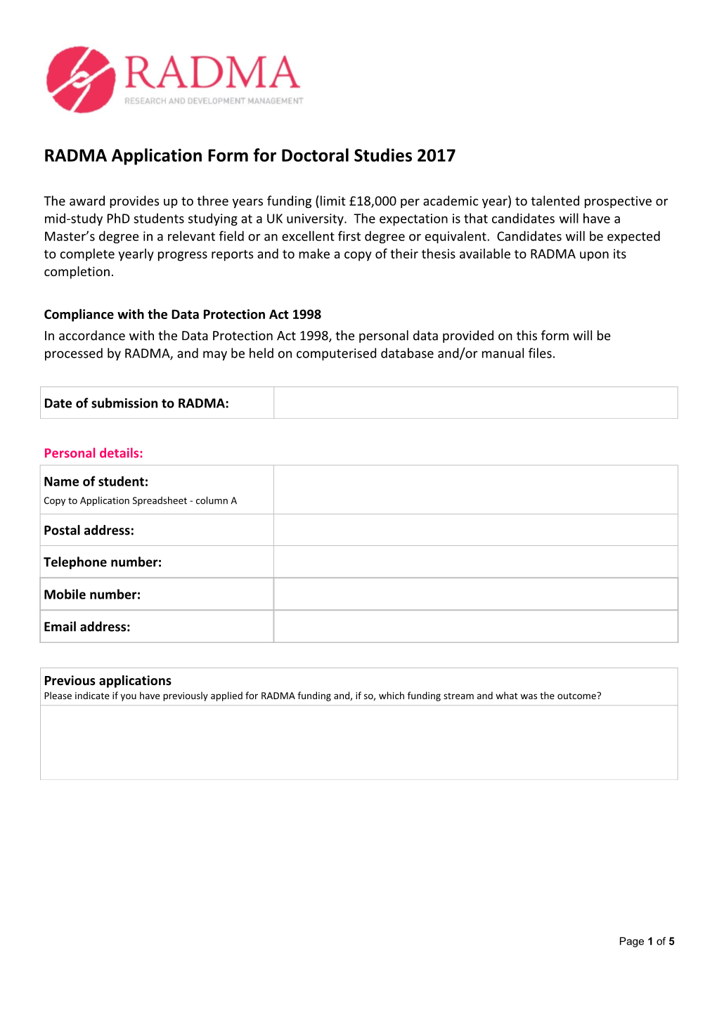 RADMA Application Form for Doctoral Studies 2017
