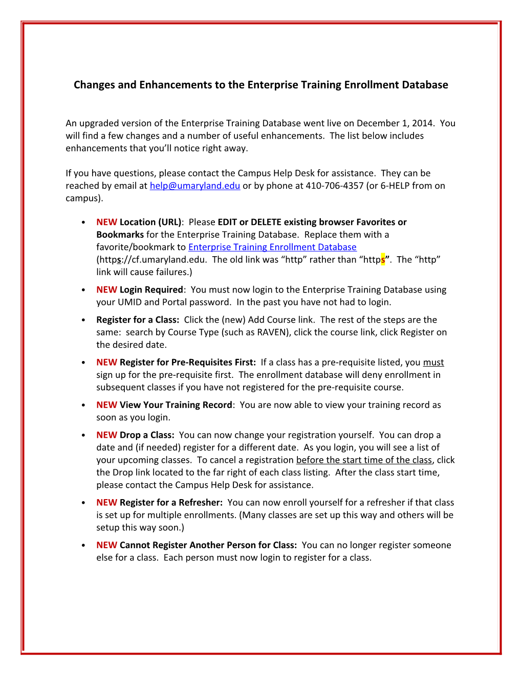 Changes and Enhancements to the Enterprise Training Enrollment Database