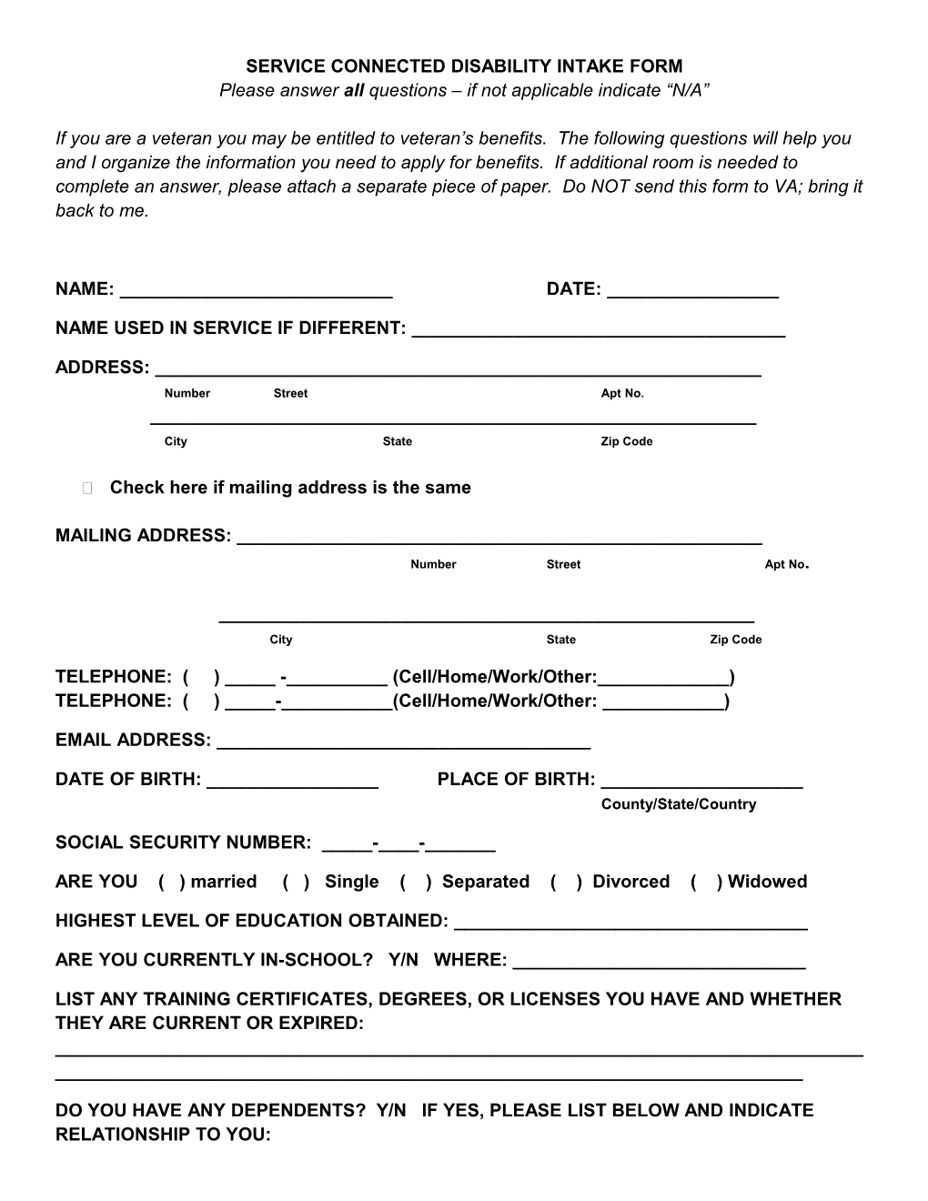 Service Connected Disability Intake Form
