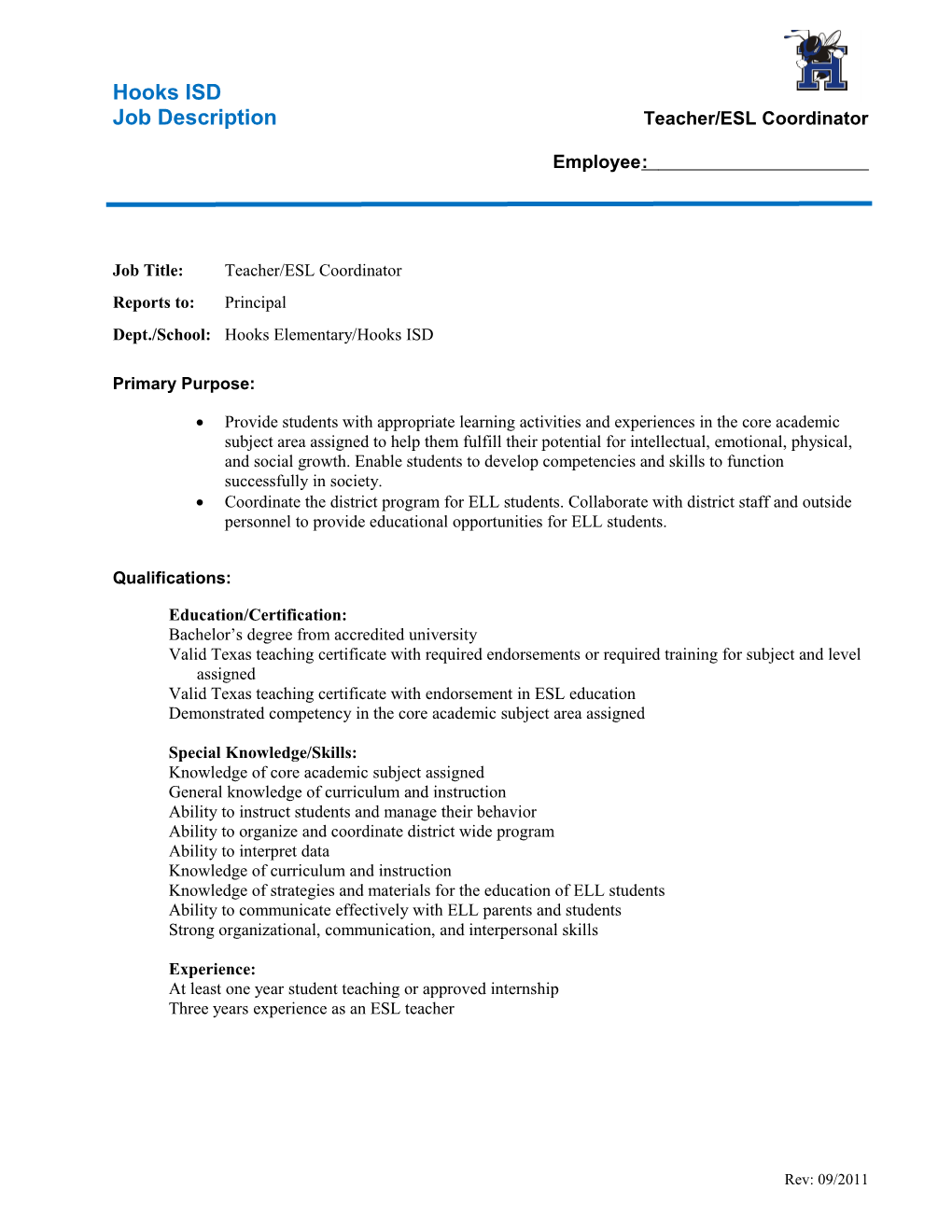 Job Descriptionteacher/ESL Coordinator