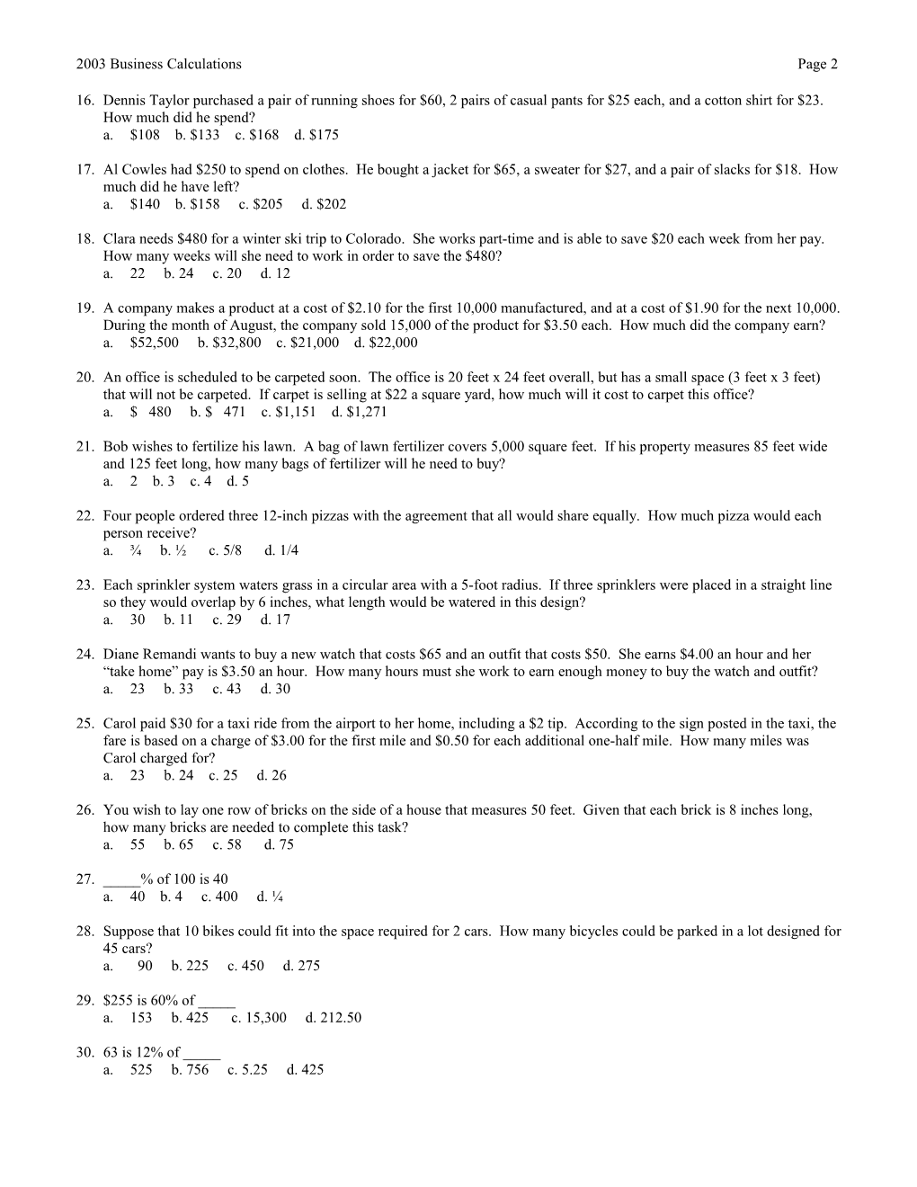 2003 Business Calculations Page 1