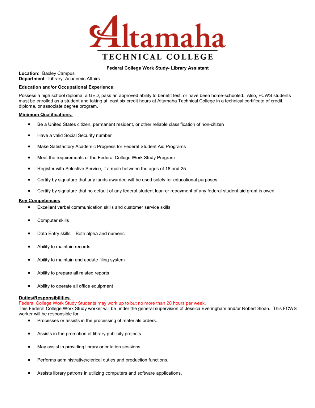 Federal College Work Study- Library Assistant