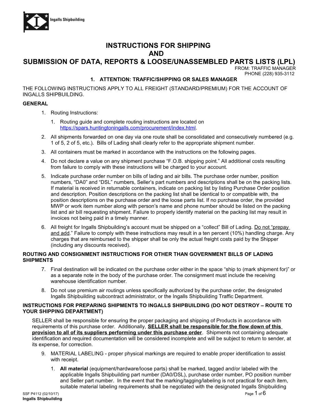 Submission of Data, Reports & Loose/Unassembled Parts Lists (Lpl)