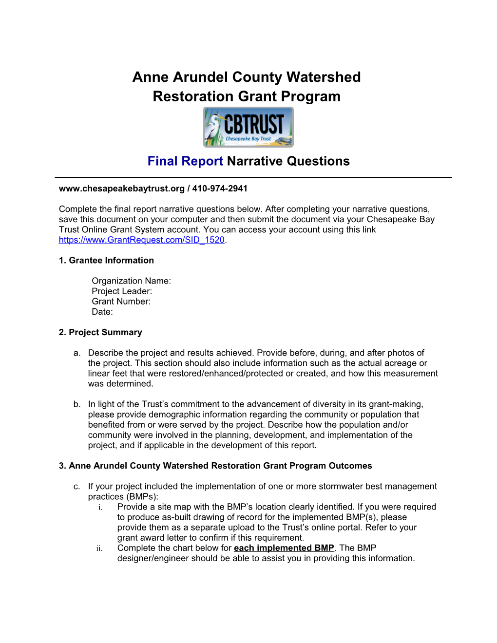 Anne Arundel County Watershed Restoration Grant Program Final Report Form Page 1 of 3