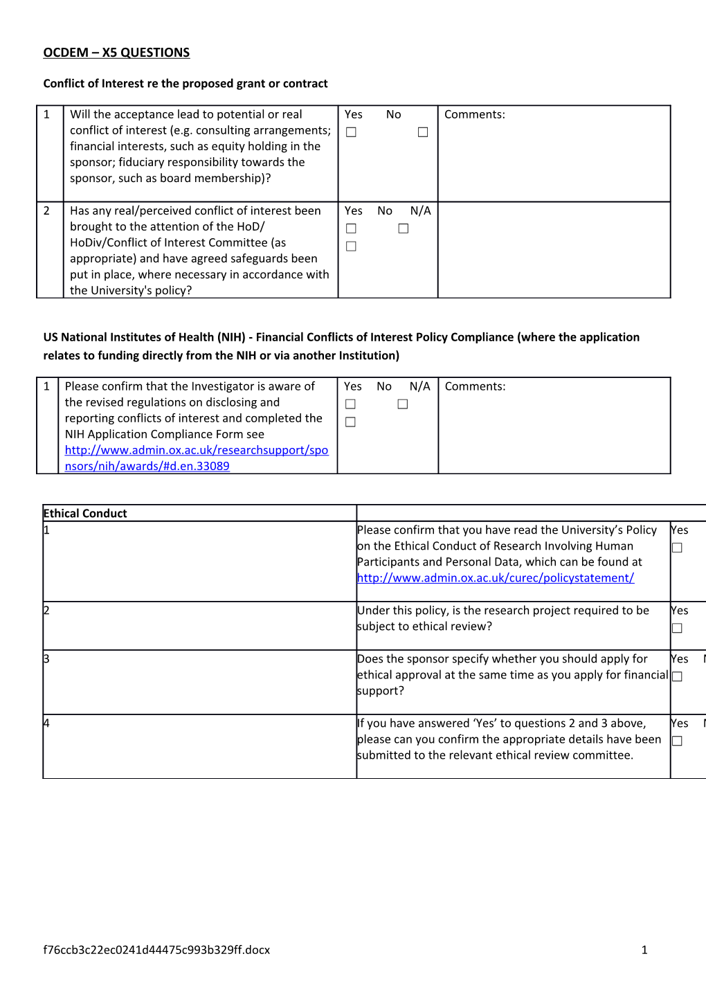 Conflict of Interest Re the Proposed Grant Or Contract