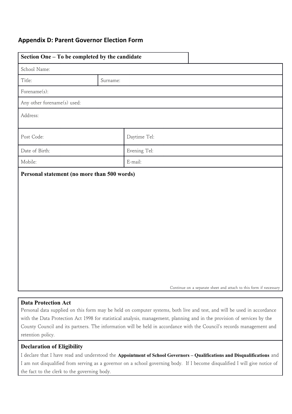 Appendix D: Parent Governor Election Form