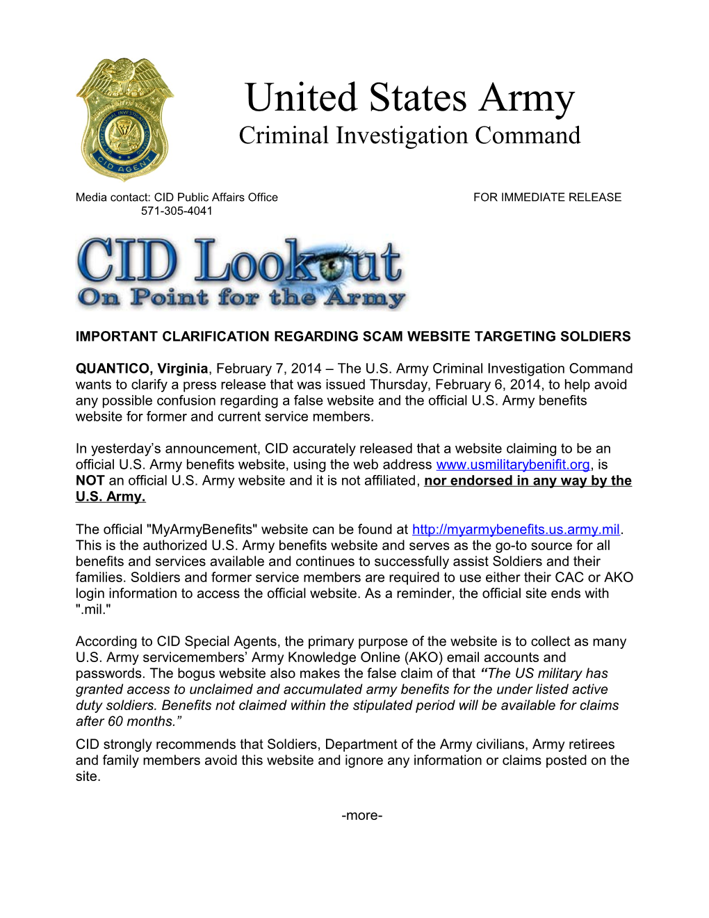 Media Contact: CID Public Affairs Office for IMMEDIATE RELEASE