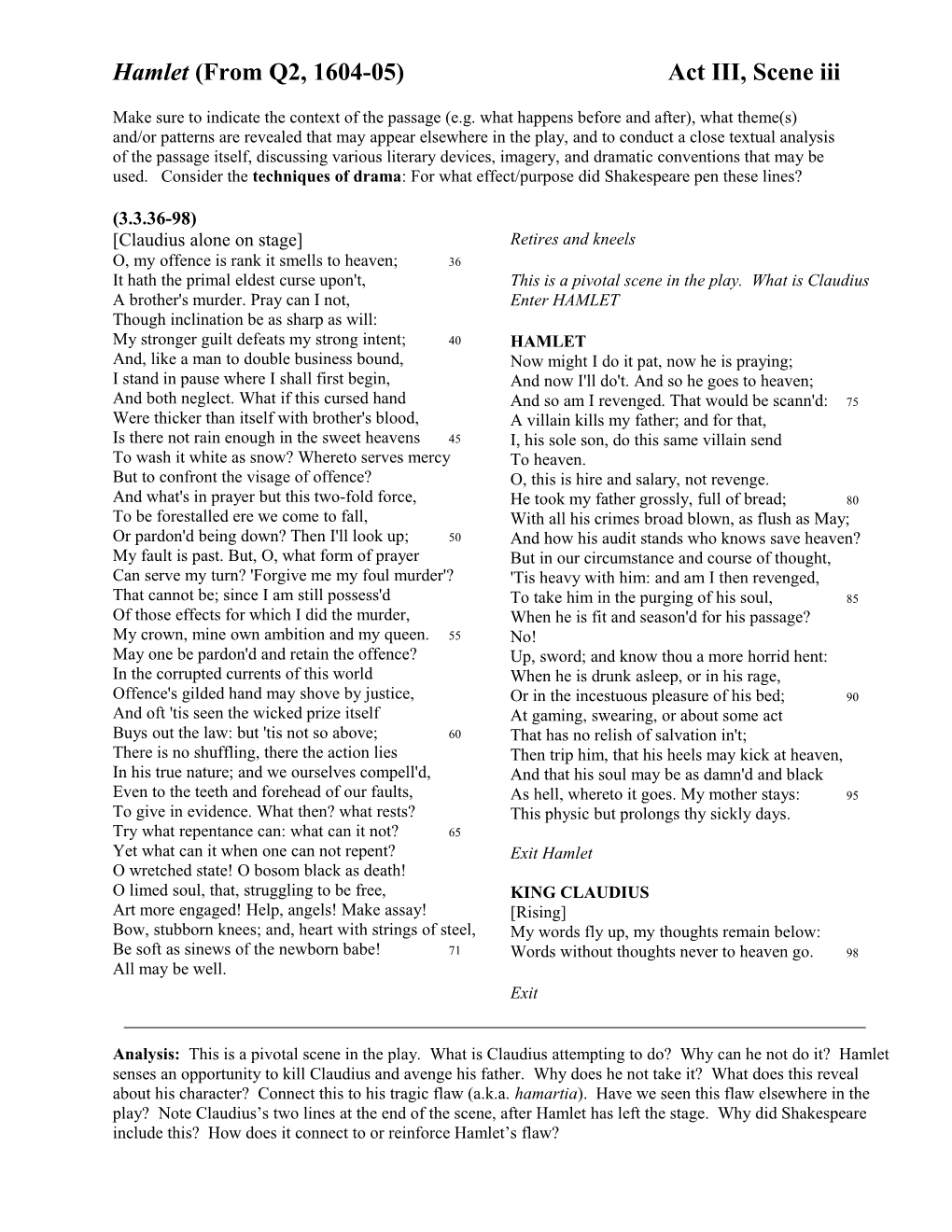 Hamlet (From Q2, 1604-05) Act III, Scene Iii