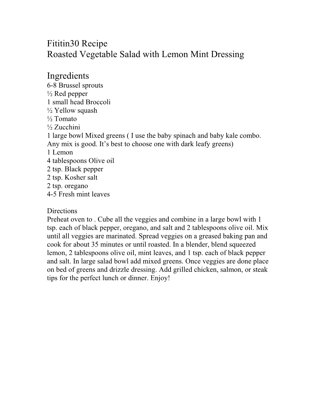 Roasted Vegetable Salad with Lemon Mint Dressing