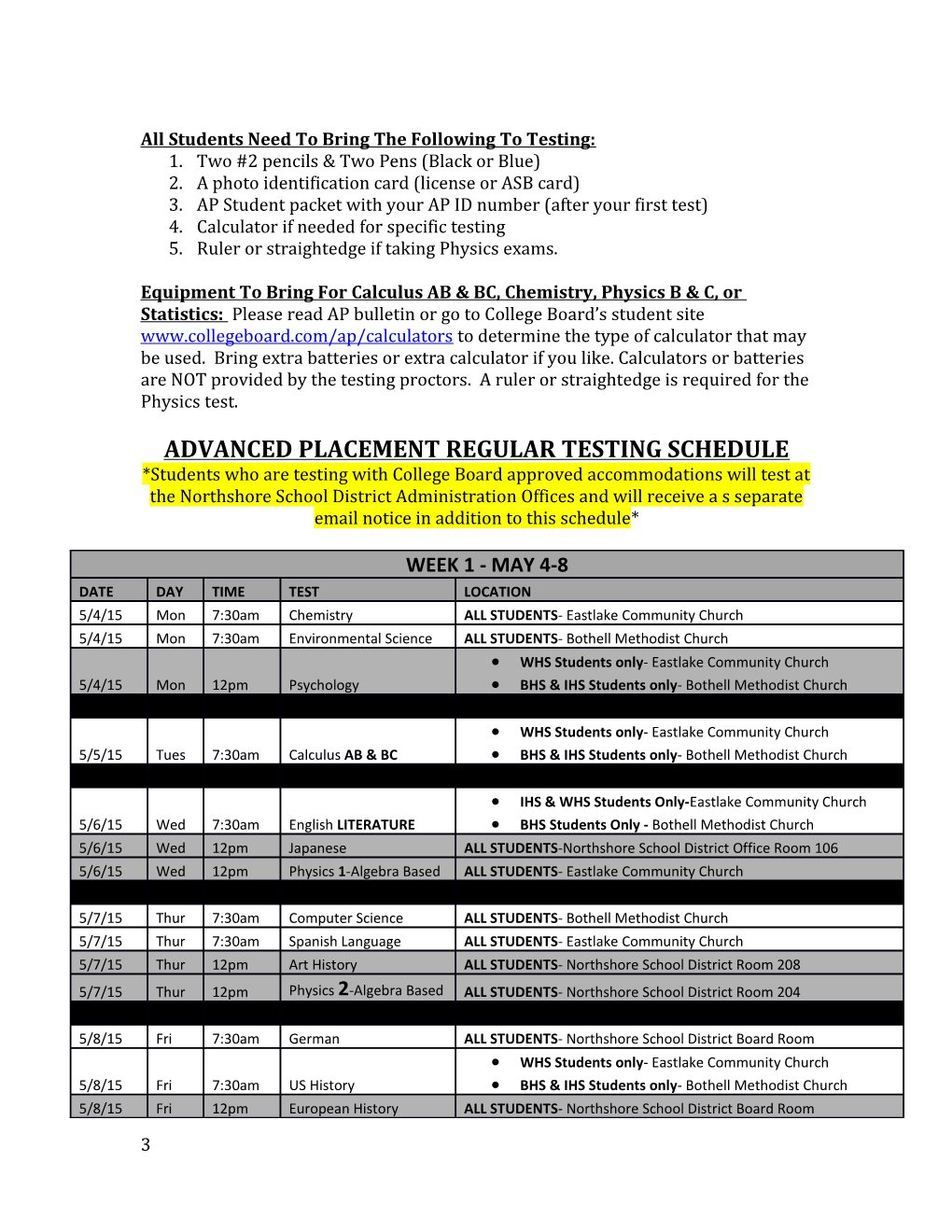 2015 Advanced Placement Testing Schedule