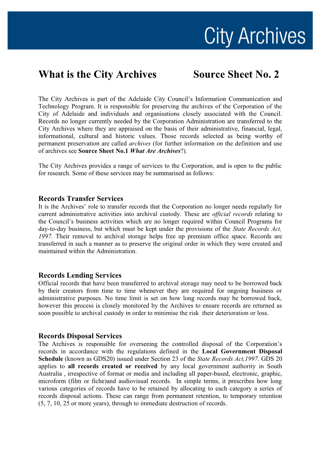 What Is the City Archivessource Sheet No. 2