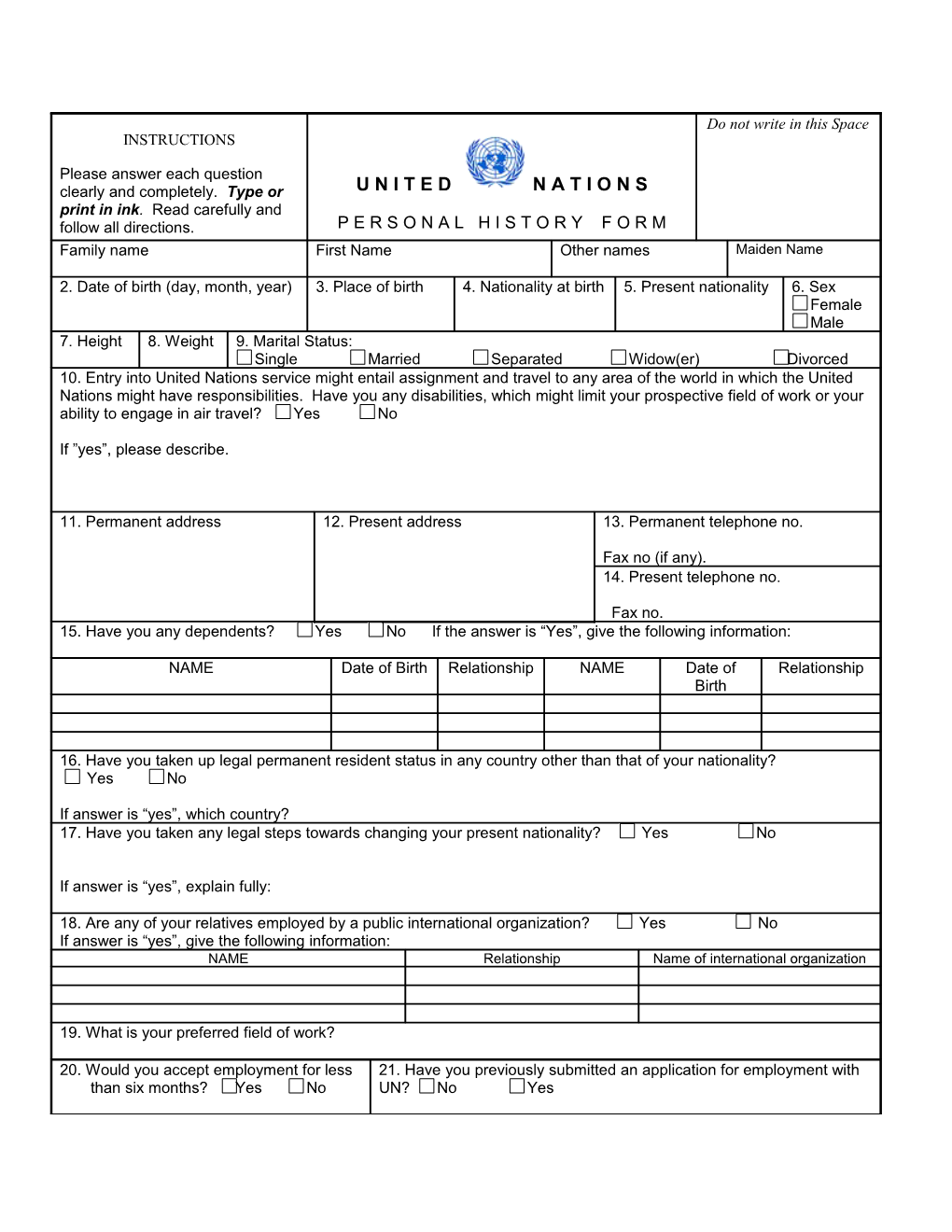 Personal History Form