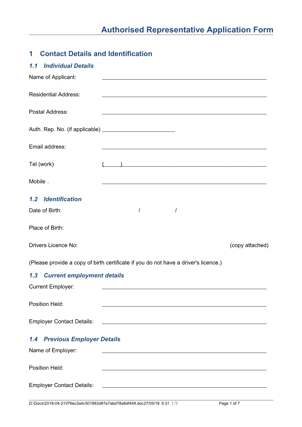 Authorised Representative Application Form