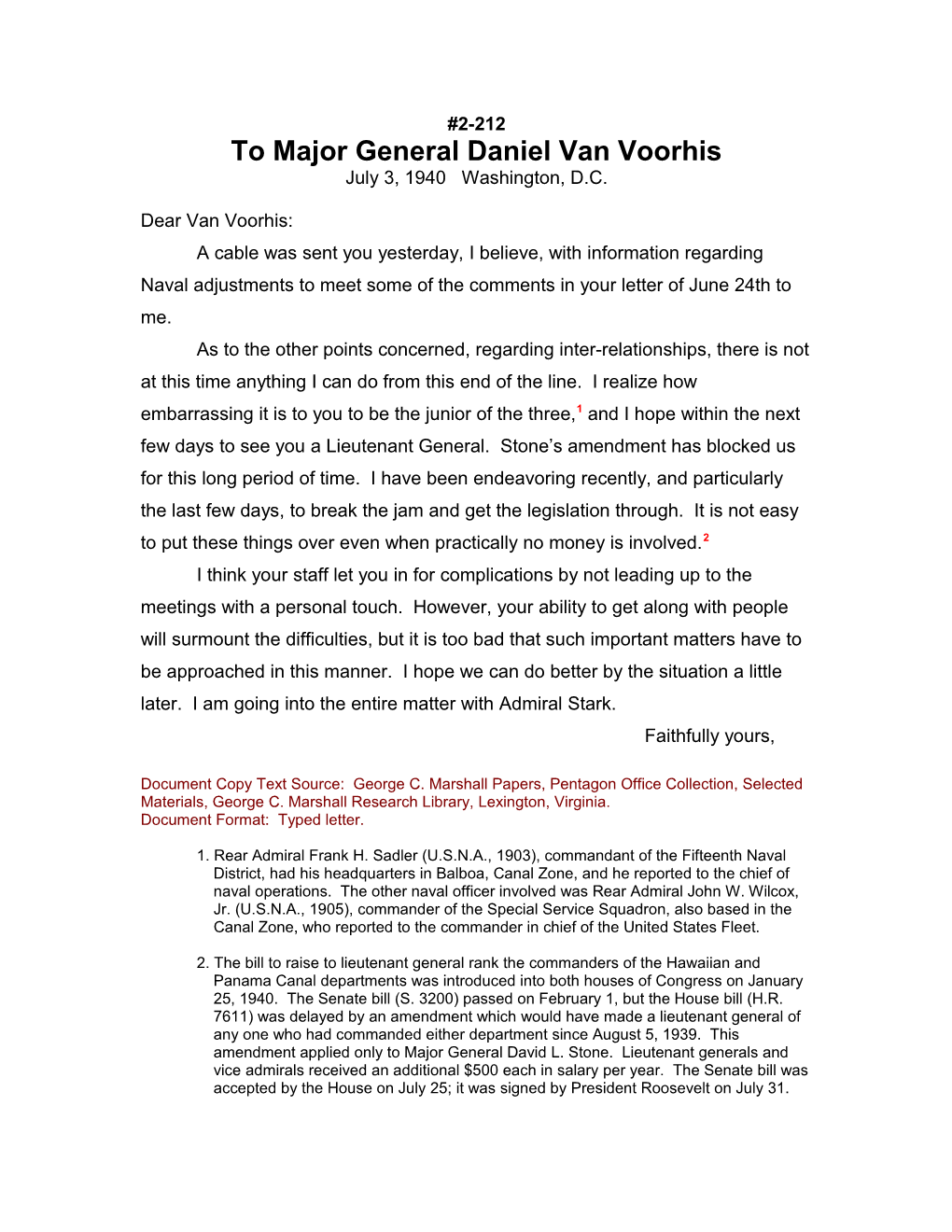 To Major General Daniel Van Voorhis