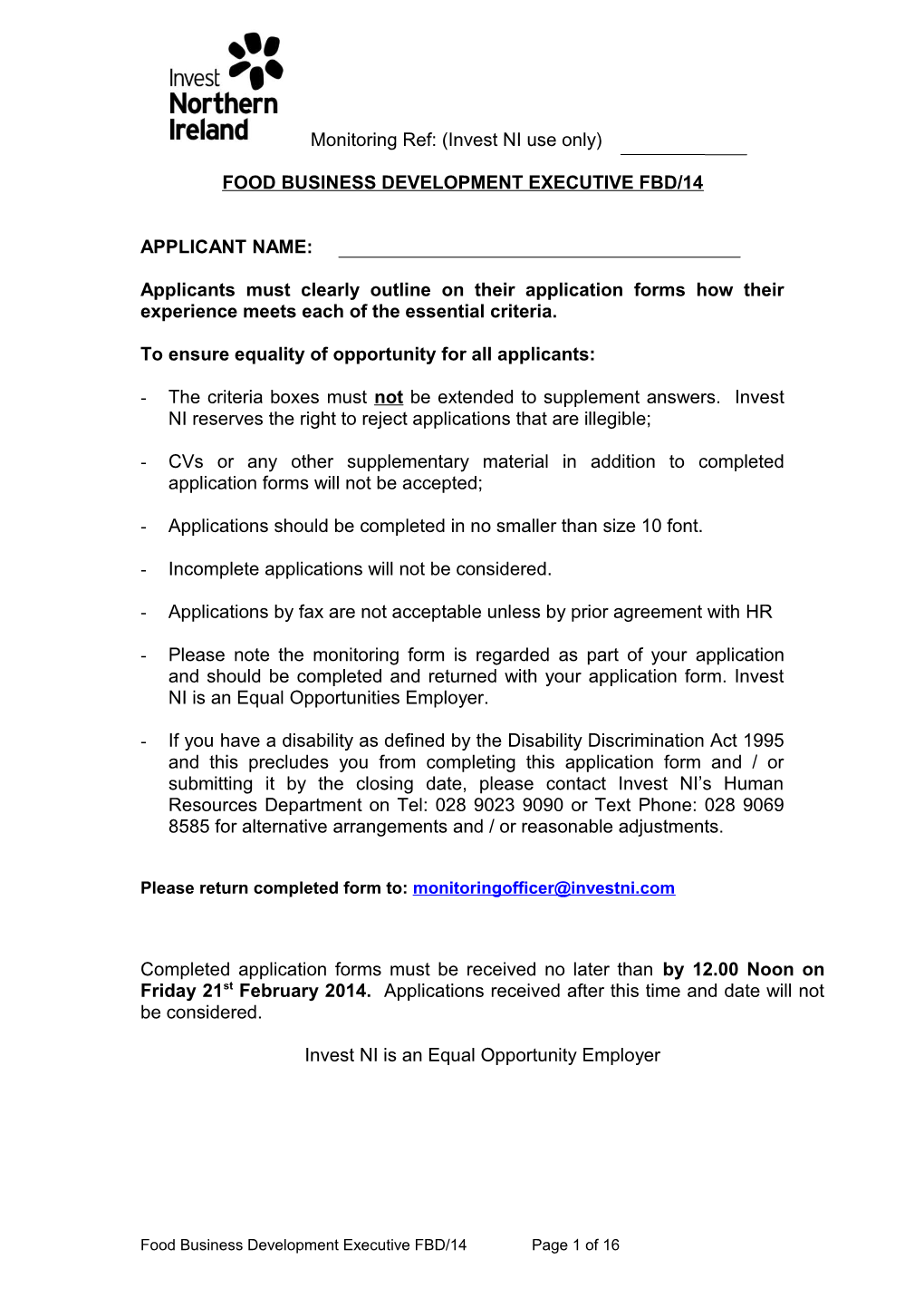 Food Business Development Executive Application Form (DOC)