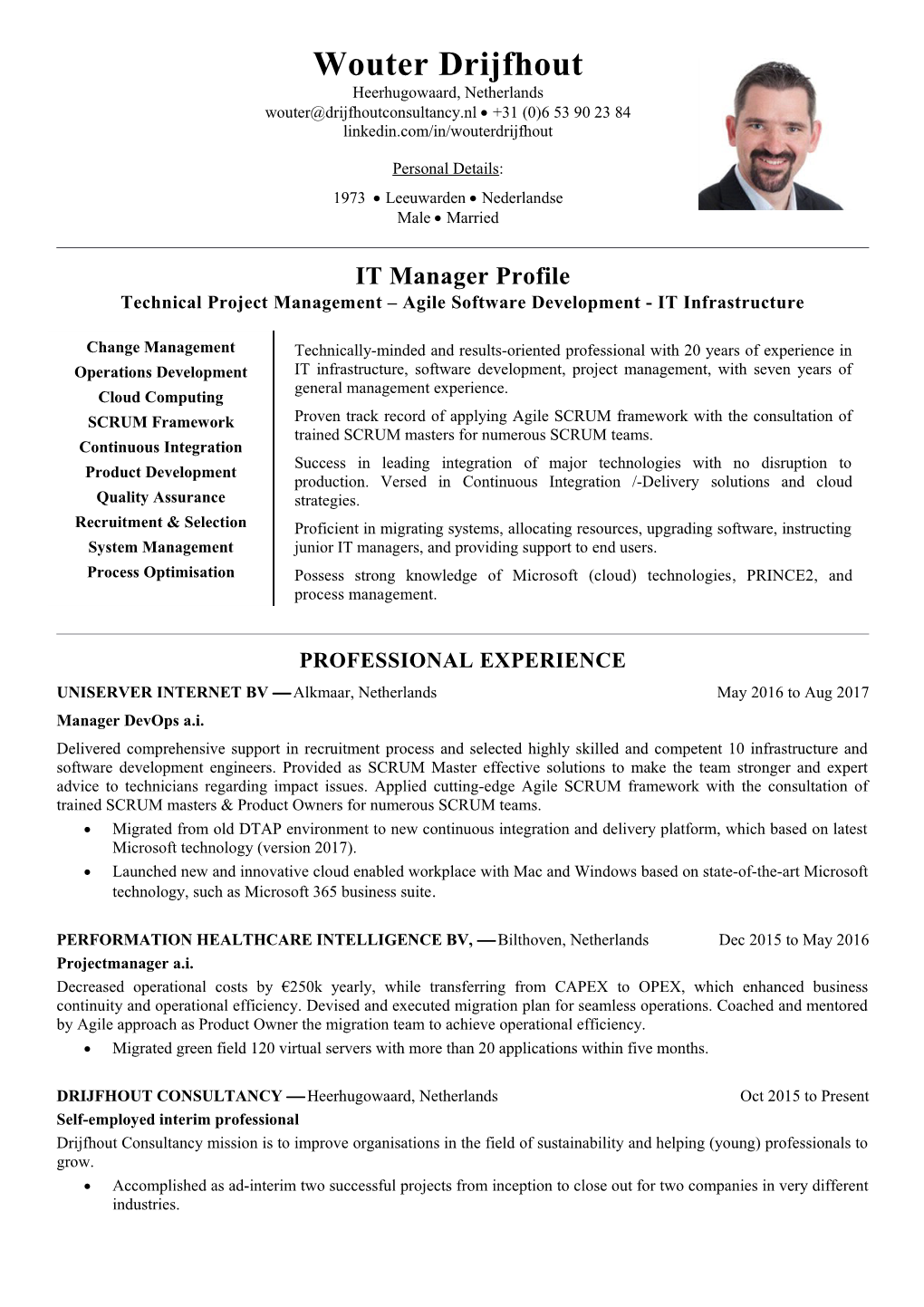 Wouter Drijfhout's Standard Resume
