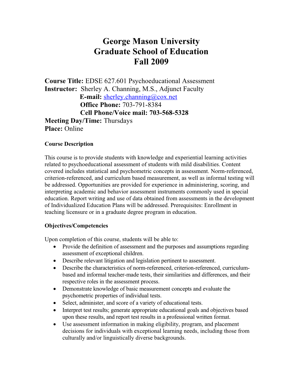 Course Title: EDSE 627.601 Psychoeducational Assessment