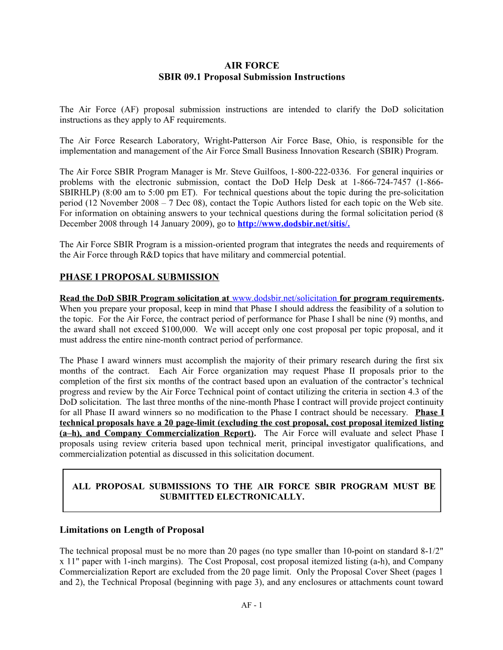 SBIR 09.1 Proposal Submission Instructions