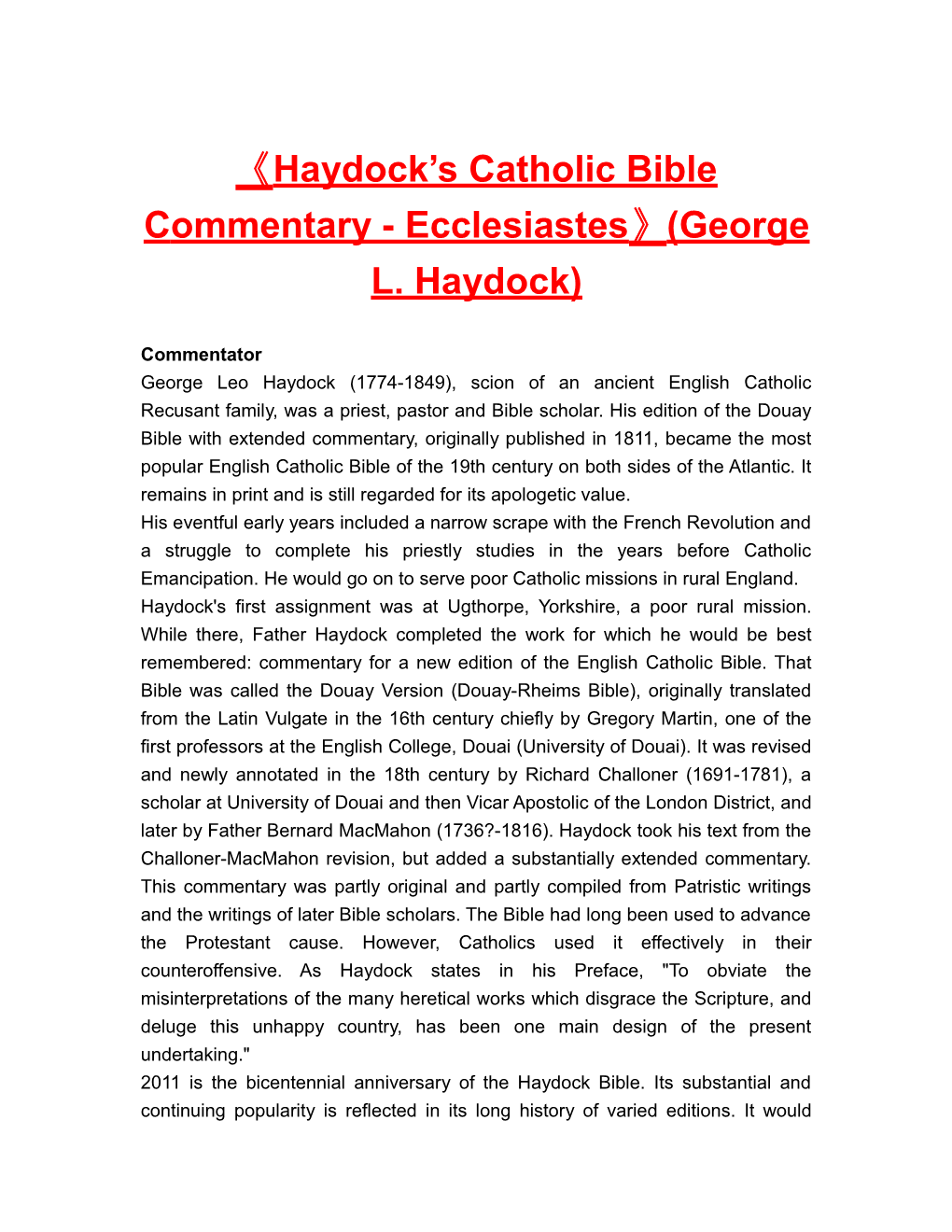 Haydock S Catholic Bible Commentary - Ecclesiastes (George L. Haydock)