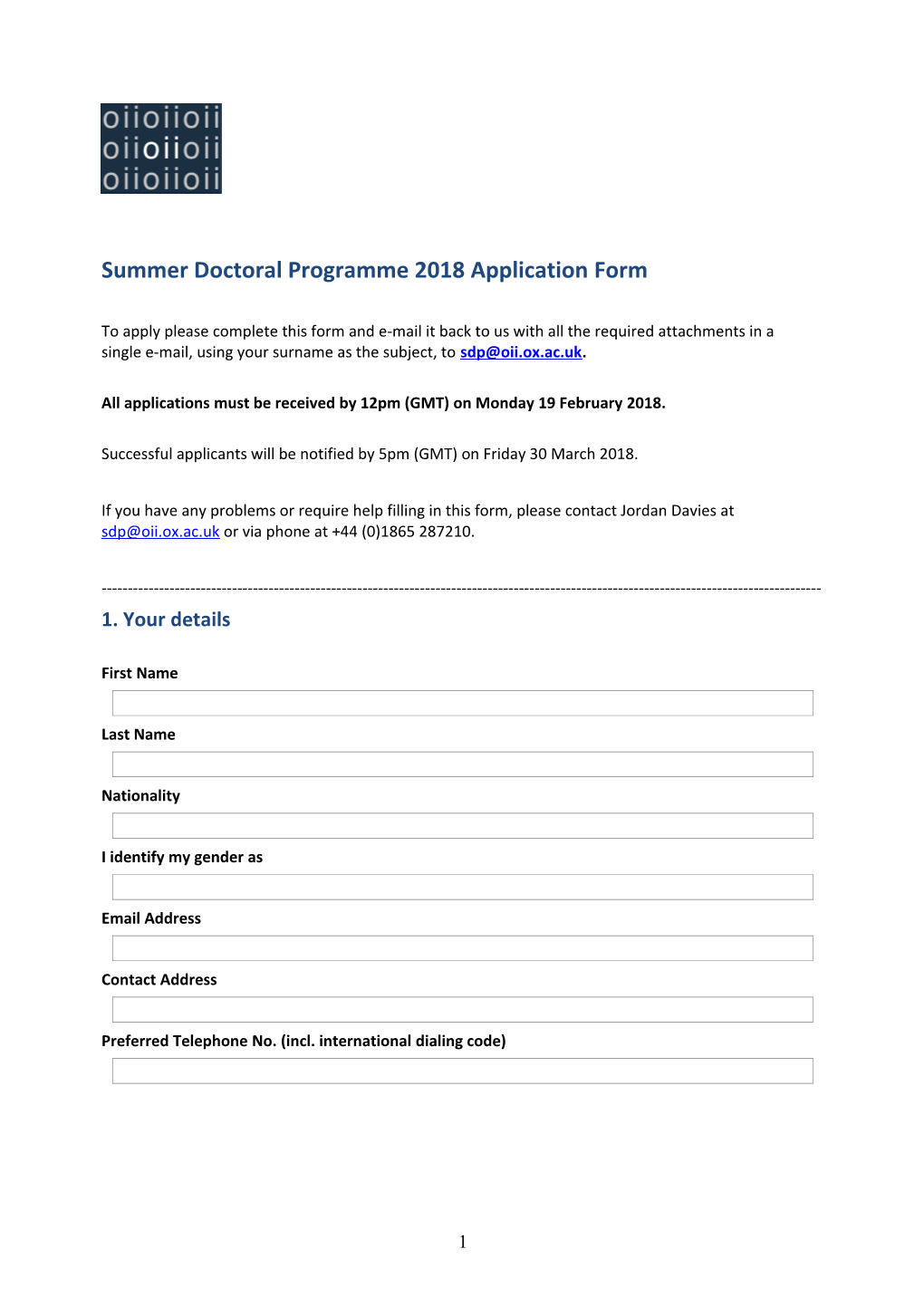 Summer Doctoral Programme 2004 Application Form