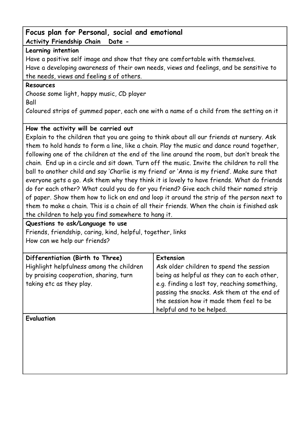 Focus Plan for Circle Time s1