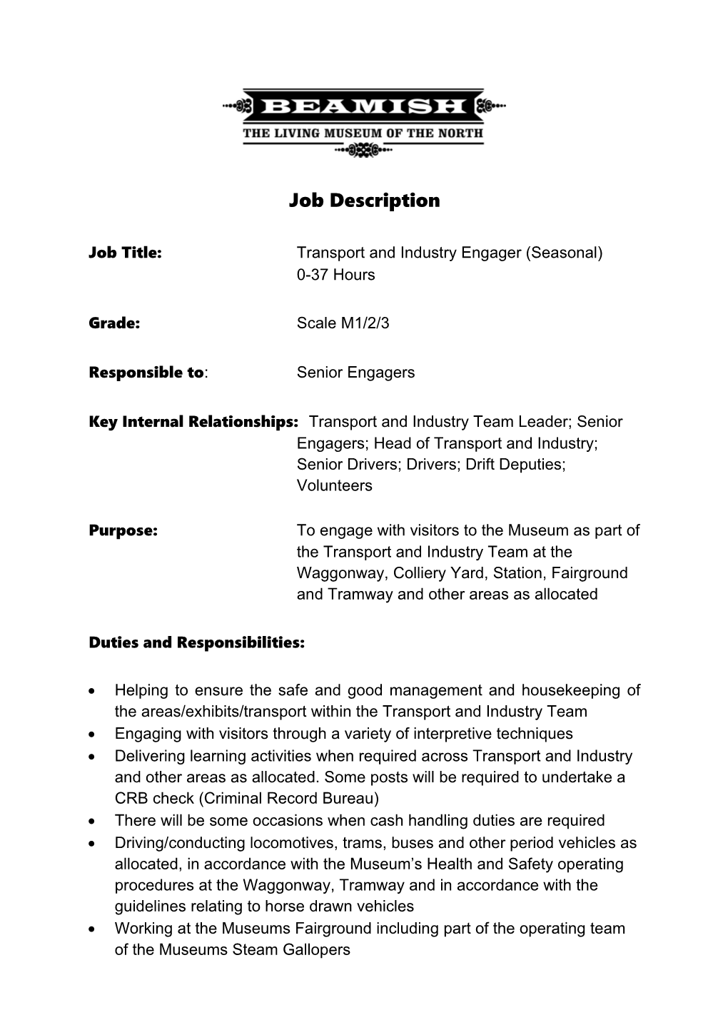 Job Title:Transport and Industry Engager(Seasonal)