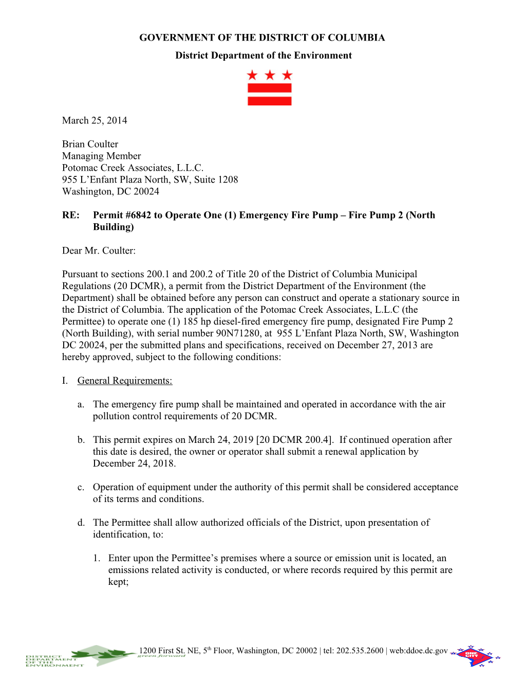 Permit #6842 to Operate an Emergency Fire Pump Fire Pump 2 (North Building)