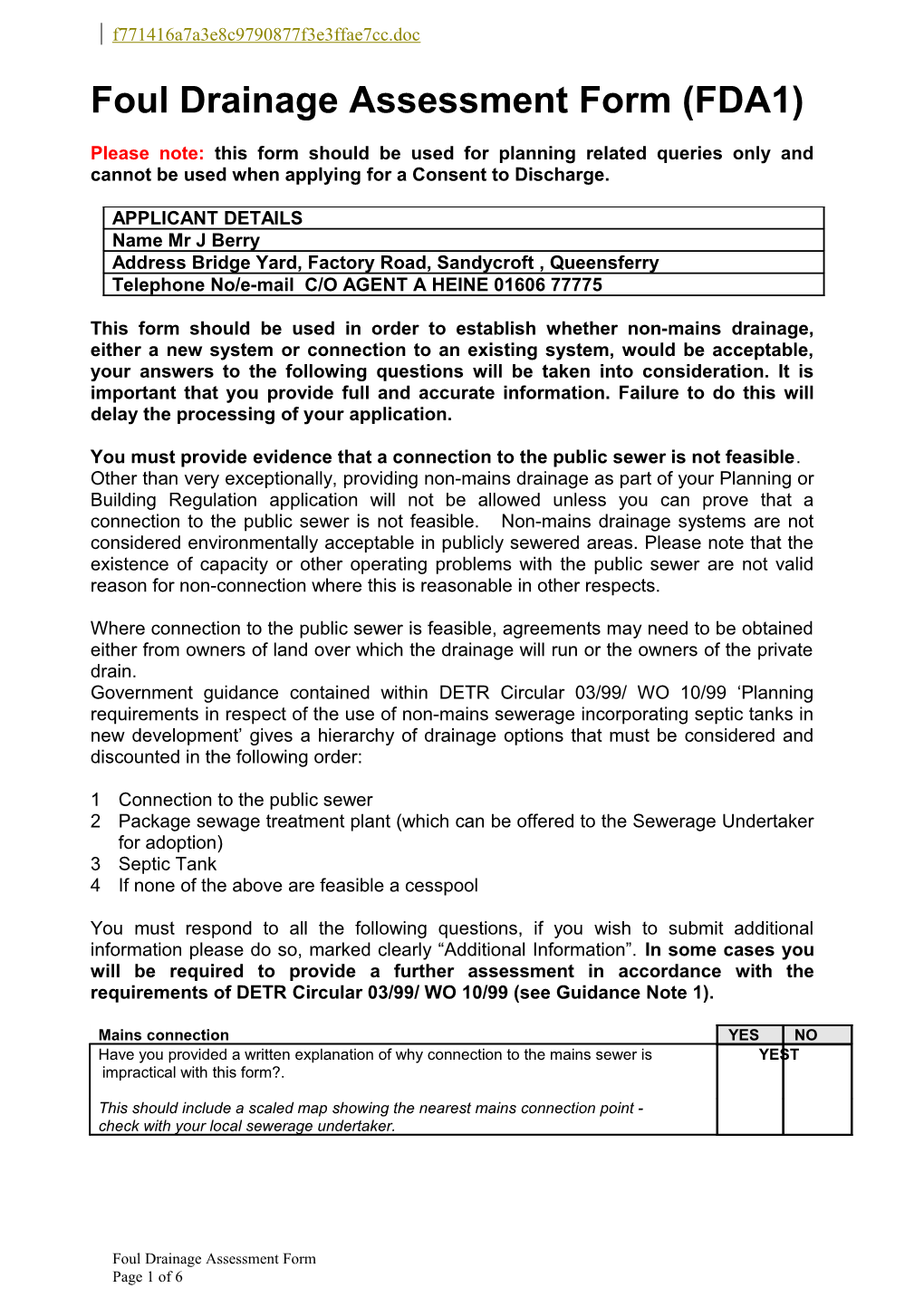 Foul Drainage Assessment Form