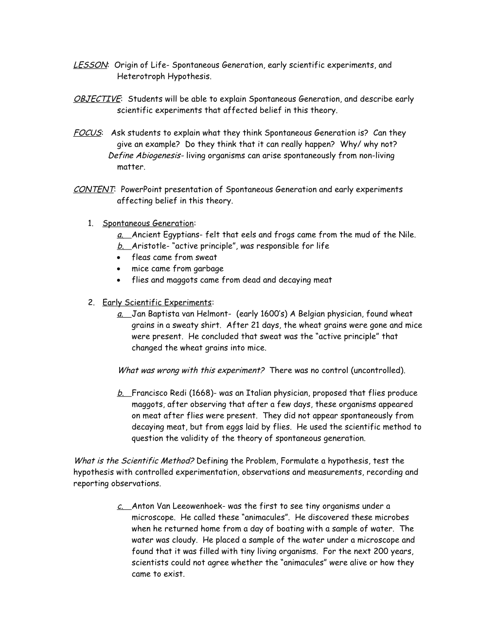 LESSON: Origin Of Life- Spontaneous Generation, Scientific Experiments, And Heterotroph Hypothesis