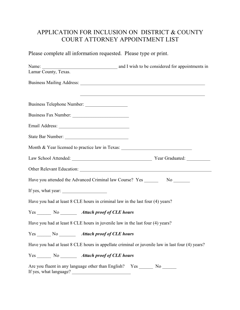 Application for Inclusion on District & County Court Attorney Appointment List