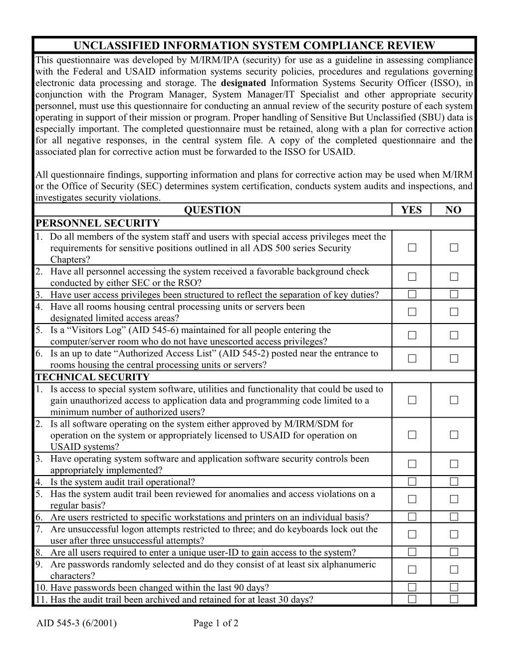 Unclassified Automated Information System Compliance Review