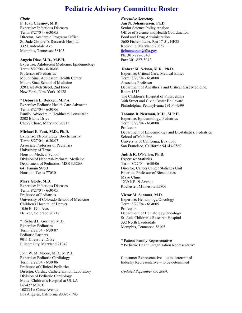 Pediatric Advisory Committee Roster
