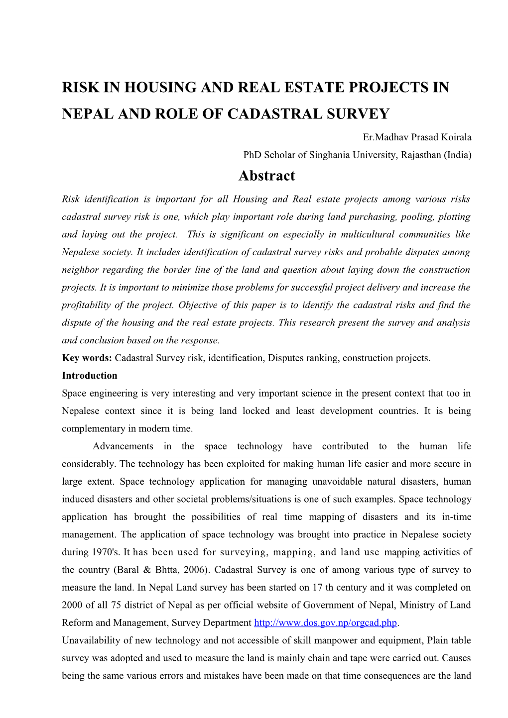Risk in Housing and Real Estate Projects in Nepal and Role of Cadastral Survey